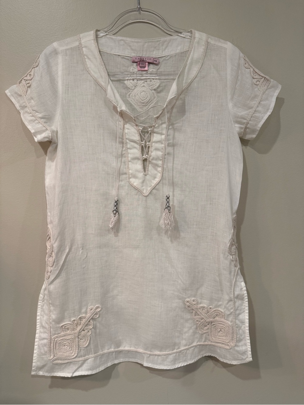 Calypso St. Barth White Linen Embroidered Lace-Up Tunic Top XS